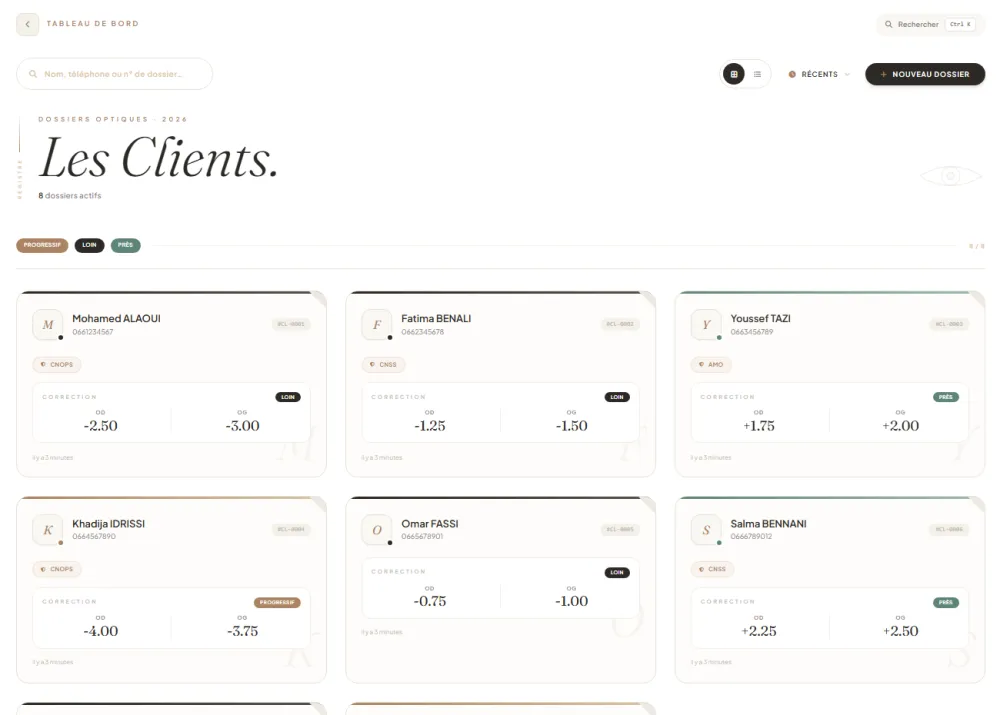Dossiers clients : nom, téléphone, mutuelle et correction de chaque œil, avec le type de vision.