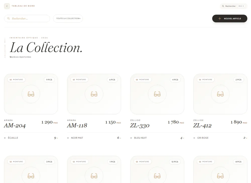 Liste du stock de montures : marque, référence, couleur, prix en dirhams et quantité restante pour chaque modèle.